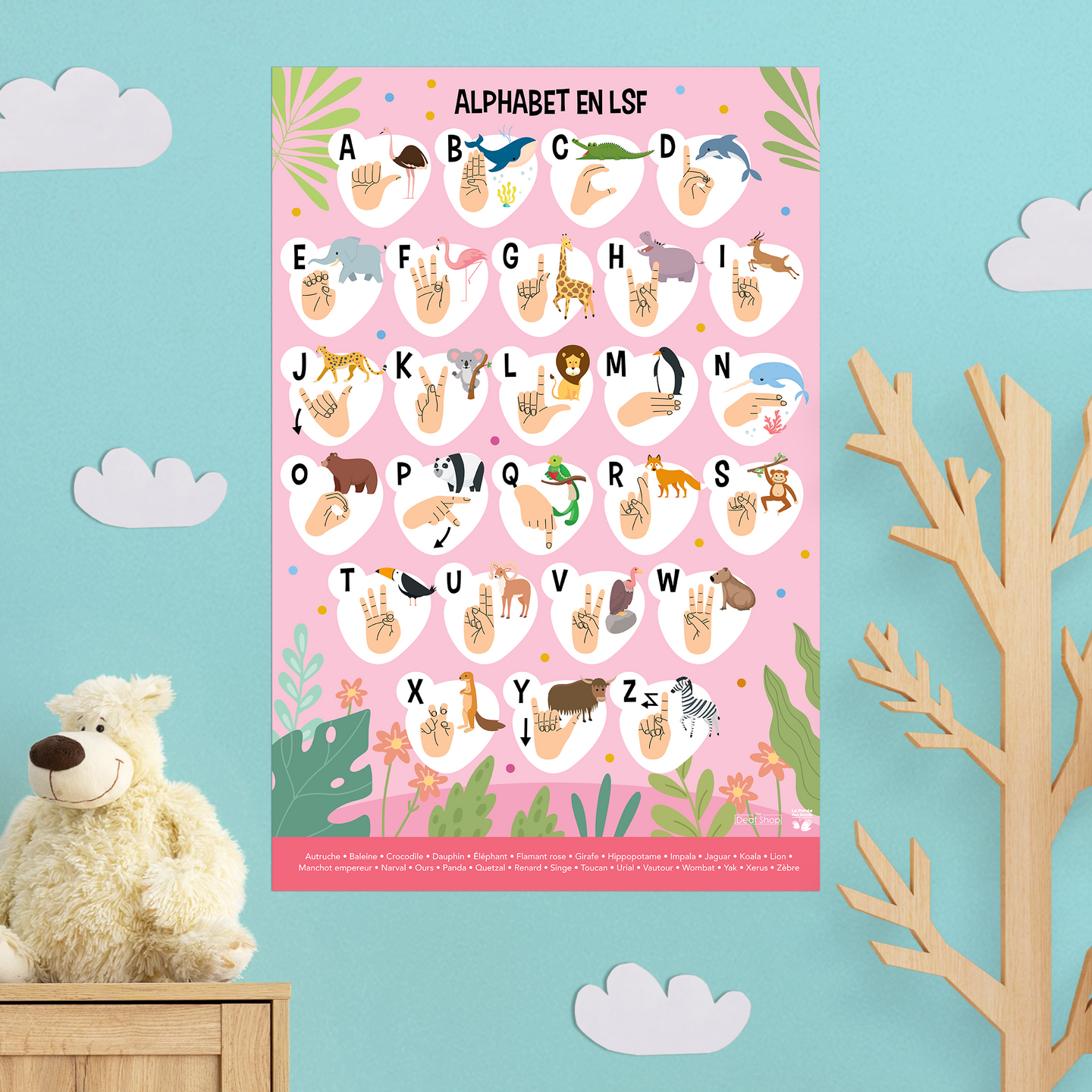 Affiche - Alphabet en LSF pour enfants (rose)